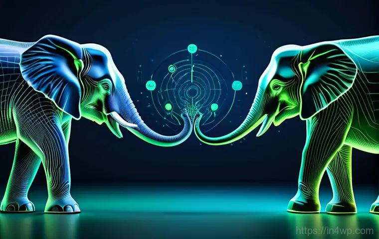 워드프레스 PostgreSQL 마이그레이션 전략 - **Prompt 1:** A brightly lit server room filled with rows of humming servers. A woman in a blue t-sh...