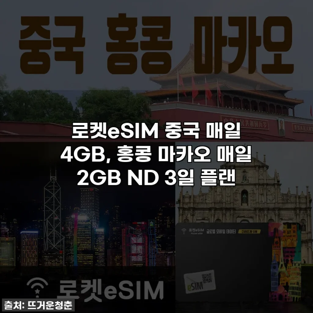 로켓eSIM 중국 매일 4GB, 홍콩 마카오 매일 2GB ND 3일 플랜