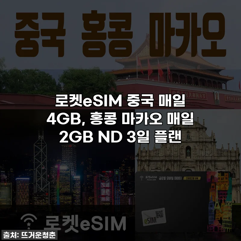 로켓eSIM 중국 매일 4GB, 홍콩 마카오 매일 2GB ND 3일 플랜