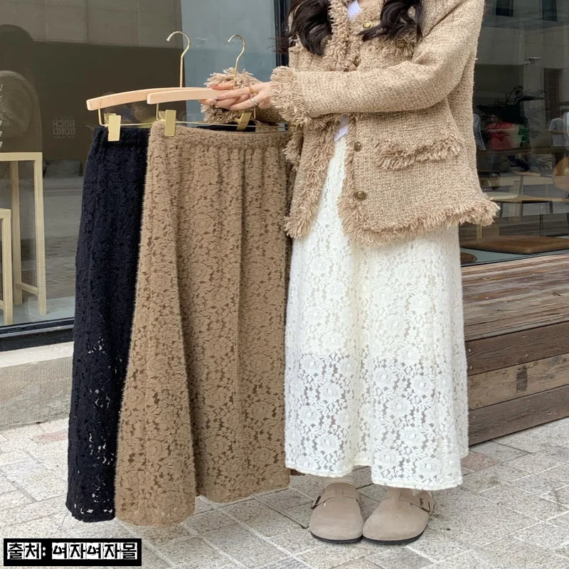 여자여자몰 따뜻한 안감 기모 자수 A라인 롱스커트, 겨울 레이스룩에 딱인 이슈템
